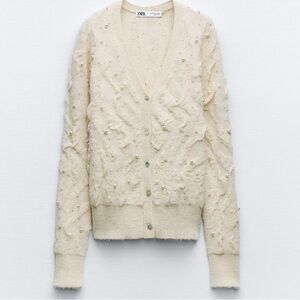 Zara PEARL TEXTURED KNIT CARDIGAN | COLOR: ECRU | SIZE: M | BRAND NEW